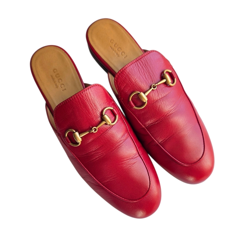 GUCCI Princetown Horsebit Leather Mules Slides 423513 Hibiscus Red EU 36